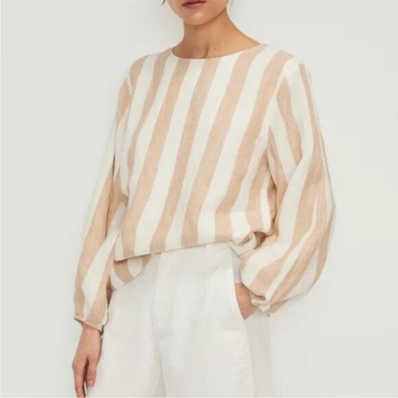 Everlane Tops - Everlane Tan White Striped‎ Linen Boxy Top